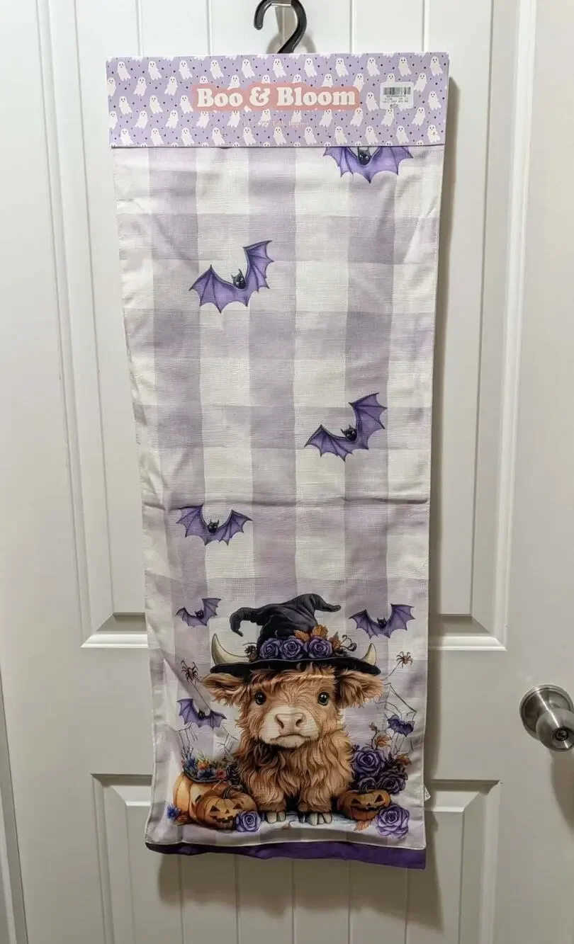 NEW! Boo & Bloom Adorable Fluffy Highland Cow Purple Bat Halloween Table Runner